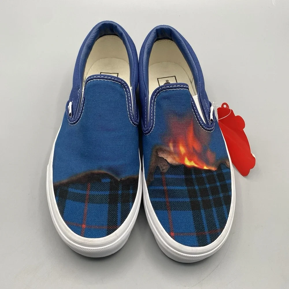 Vans Classic Slip On Big‎ Reveal Mens 8 Womens 9.5 Navy Blue Plaid Fire Skate